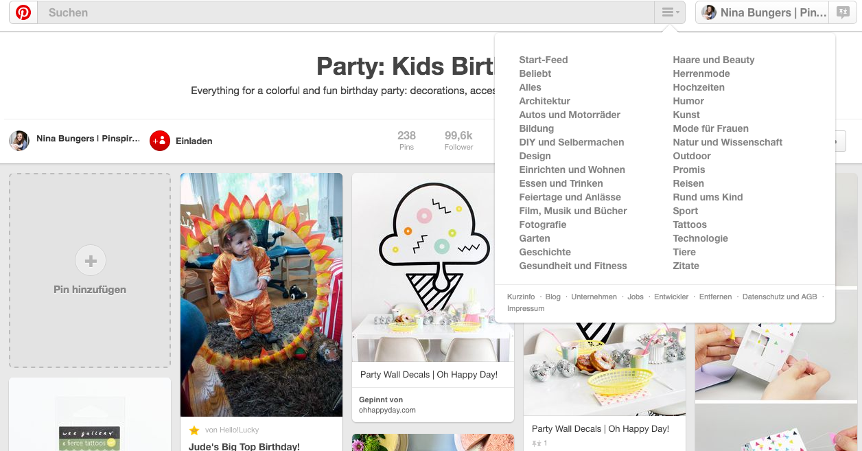 Kindergeburtstag planen mit Pinterest: In Kategorien suchen