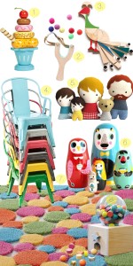 Collage Esprit Kinderteppich und Holz Spielzeuge